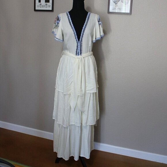 Cleobella Womens Long Dress Tiered Embroidered Lace Cream Size Small Fairy Boho - Picture 1 of 9